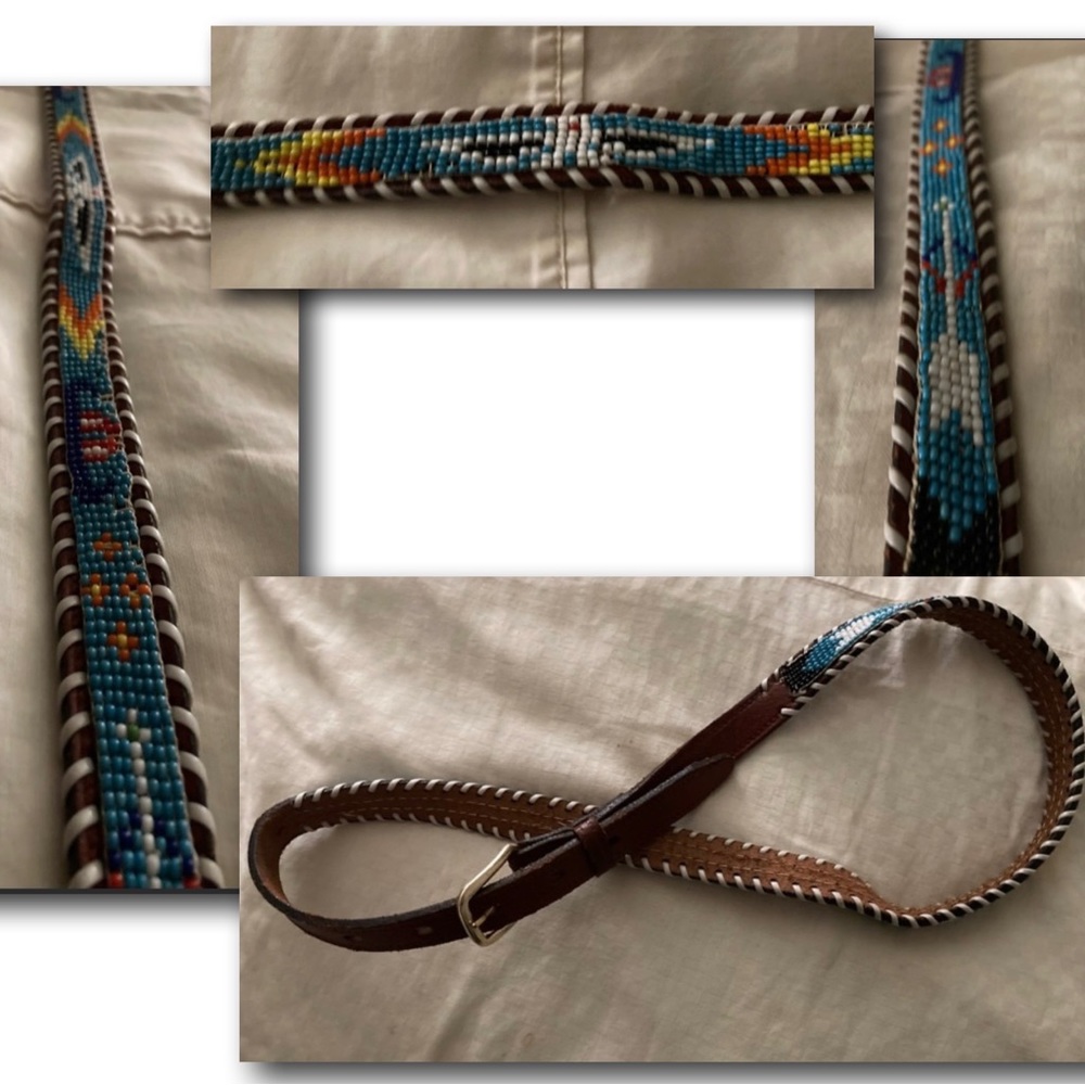 Vintage Handmade Beaded Leather Skinny Belt Thunderbird Aztec